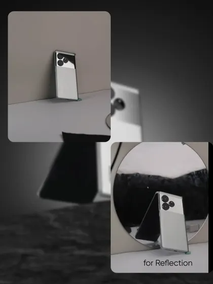 This behind the scenes image reveals the use of mirrors and black card to create reflections and control light in the realme GT6 photoshoot.