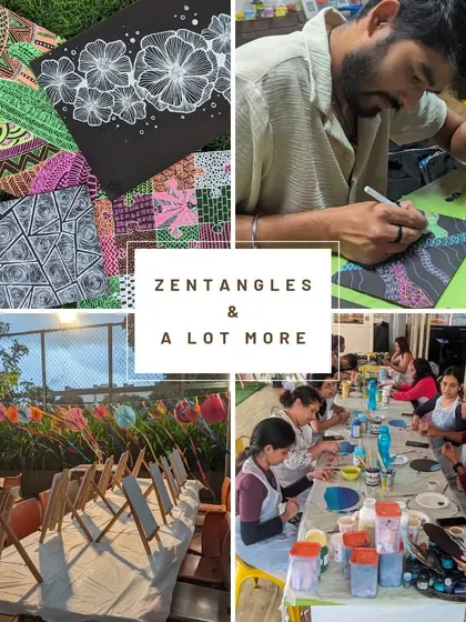 A collage showcasing the intricate beauty of Zentangle and other art forms we offer. Zentangle is a relaxing method of creating beautiful images from repetitive patterns.