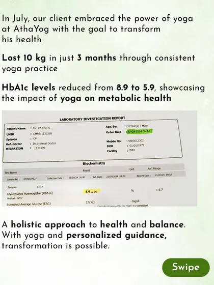 This is the tangible proof of Rajesh's journey. The lab report shows a significant drop in his HbA1c levels, a key indicator for diabetes management. This result was achieved through a holistic approach combining consistent yoga practice with personalized guidance.