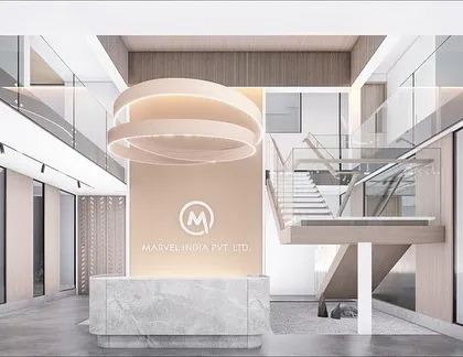The final render for the Marvel Media office reception. The design features a double-height space with a sculptural light fixture, a clean marble desk, and warm wood accents to create a modern and impressive entrance.