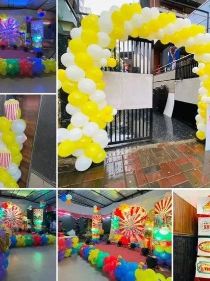 A collage showcasing a carnival or circus-themed birthday party. The decor features bright primary colors, popcorn-themed balloon columns, and a grand entrance arch.