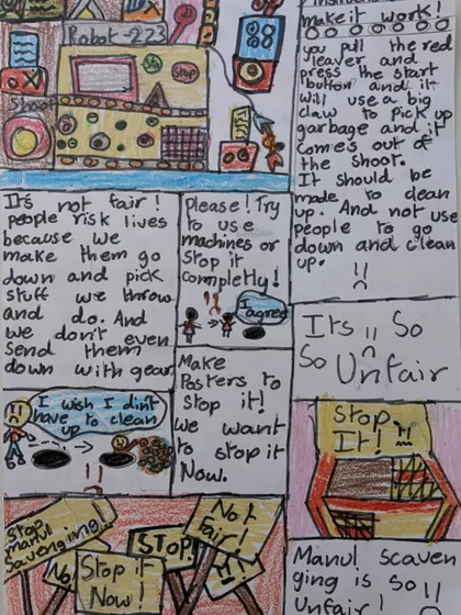 After reading a story on Dr. B.R. Ambedkar, our learners explored social inequality. One child was so moved by the issue of manual scavenging that he designed a machine to do the work, a powerful example of learning that inspires action.