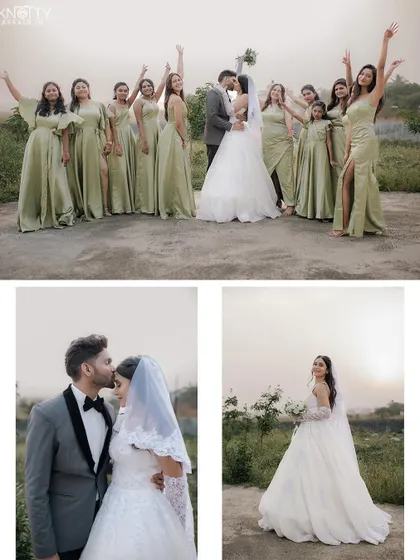 A collection of moments from a Christian wedding, including a romantic kiss at sunset and fun group photos with the wedding party.