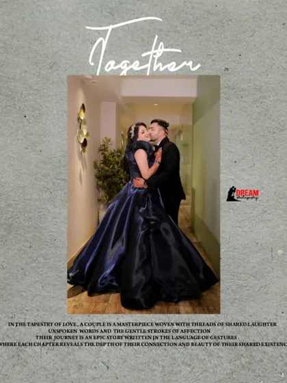 A romantic portrait of Samridhi and Manav sharing a kiss, framed by a textured, scrapbook-style edit.