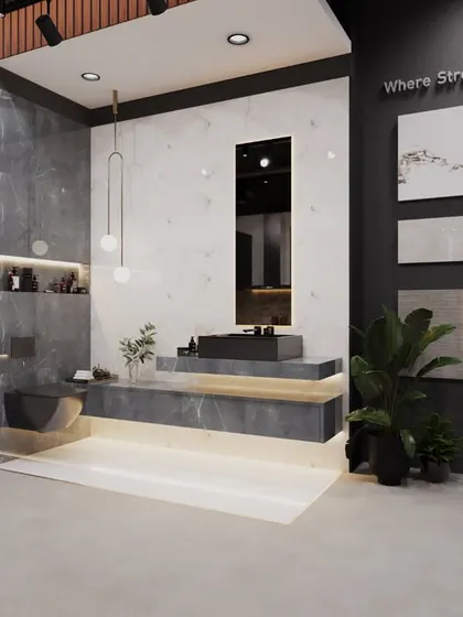 This is a bathroom display we designed for a leading tile manufacturer's retail showroom. The goal was to create an immersive experience, showcasing how different tiles, textures, and lighting can be combined to create a luxurious and modern bathroom space.
