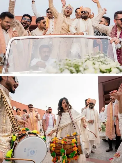 The groom's grand entry in a vintage car, followed by a joyous baraat with dhol players. I plan and coordinate every part of the wedding procession.