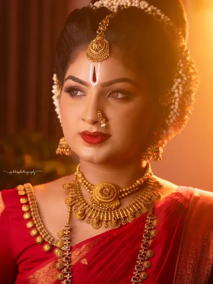 A series dedicated to capturing a divine, traditional look in a striking red saree. These images, shot both in-studio and outdoors, focus on graceful poses and the vibrant color of the attire.