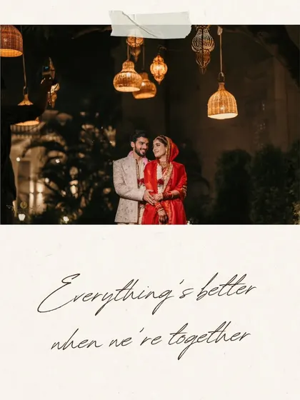 A creative and modern wedding portrait with a handwritten-style caption. This shot captures the couple in a beautiful, softly lit moment.