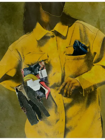 An abstract shot where the model's face is obscured, drawing full attention to the yellow jacket adorned with magazine clippings. This image emphasizes the clothes and the media as the primary subjects.