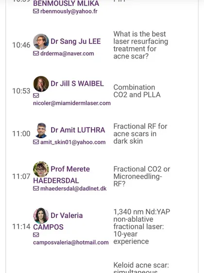 A screenshot from the IMCAS app showing my contribution to a discussion on the best laser resurfacing treatments for acne scars in dark skin.