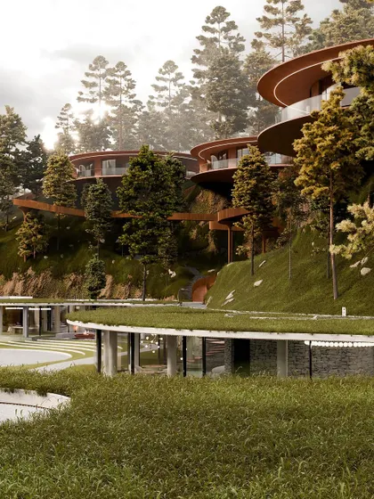 The resort's lower buildings feature green roofs, further blending the architecture into the natural landscape.