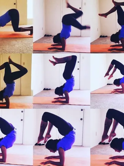 The journey to an advanced pose like Vrischikasana (Scorpion Handstand) is a step by step process. This collage shows the progression, from building foundational forearm strength to finding the final balance. Practice reduces imperfection.