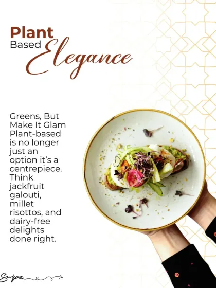 Plant-based elegance at its finest. This dish features avocado toast topped with fresh vegetables and microgreens, served on a gold-rimmed plate, proving that vegan options can be the centerpiece.