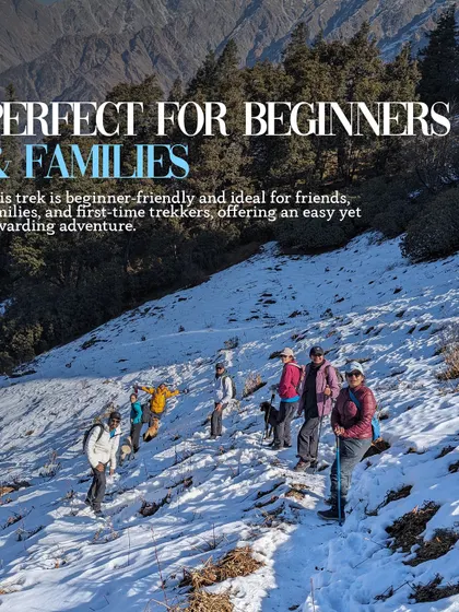 Perfect for beginners and families. The Mangankot trek is a beginner-friendly adventure, making it an ideal choice for friends and families looking to experience a snow trek together.