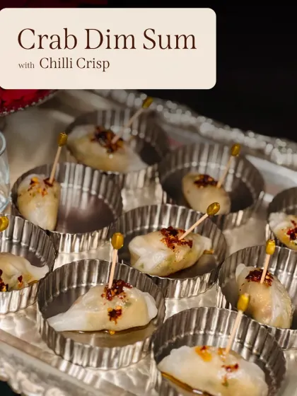 Crab Dim Sum with a spicy Chilli Crisp topping. A perfect example of how I blend traditional techniques with bold, modern flavors.