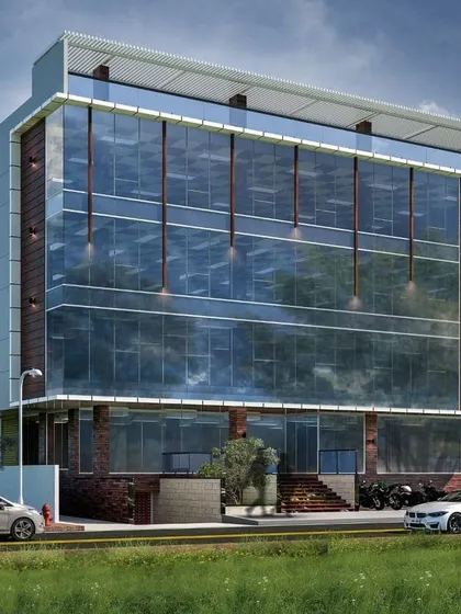 A proposal for a commercial building in JP Nagar, designed with a full-coverage glass facade to maximize views and natural light for the interior workspaces.