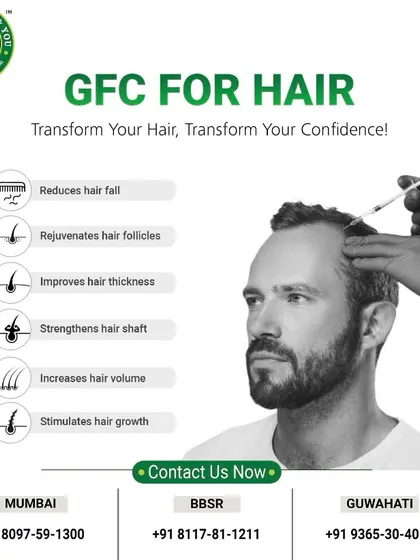GFC therapy is a science-backed treatment that delivers multiple benefits. This graphic highlights how it reduces hair fall, rejuvenates follicles, improves hair thickness, and strengthens the hair shaft to give you fuller, healthier hair.