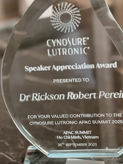 The Speaker Appreciation Award from the Cynosure Lutronic APAC Summit. It was an honor to be recognized for my contribution to this international gathering of laser experts.