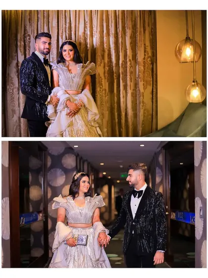 This collage shows the couple in different settings of their reception venue, from a formal portrait to a candid walk down the hallway, telling a complete story of their evening.