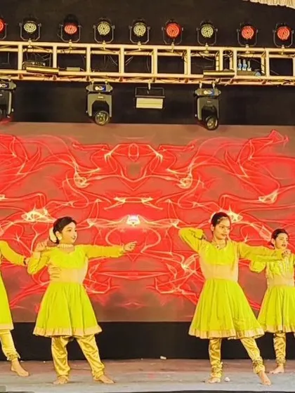 A beautiful moment of synchronization from our little Kathak dancers' stage performance. Each student learns to move as one, creating a captivating visual story for the audience.