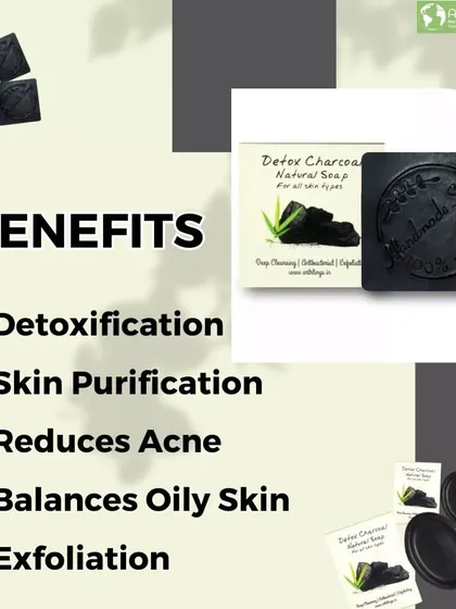 A breakdown of the benefits of our Detox Charcoal Soap. It's excellent for detoxification, skin purification, reducing acne, and balancing oily skin.