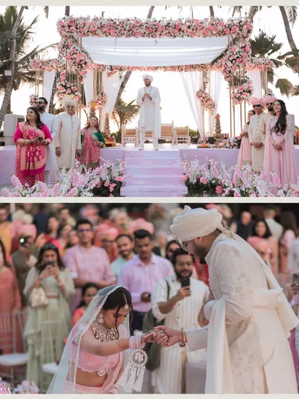 A collage capturing the key moments of a beach wedding, from the bride's entry to the Varmala exchange.