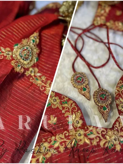 A closer look at the custom latkans and armlet-style embroidery on the red striped blouse. These small details are what make a bespoke piece truly special.
