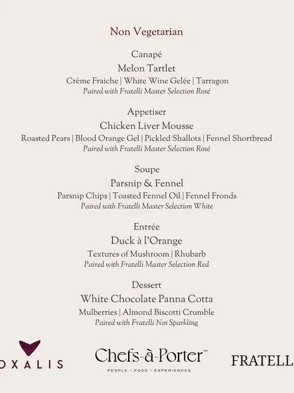 A festive non-vegetarian Christmas menu created for a collaboration. It includes luxurious dishes like Chicken Liver Mousse and Duck à l'Orange, each paired with a specific wine.