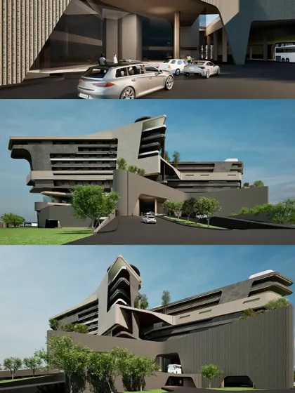 Renders of the podium, showing the vehicle drop-off areas and the building's terraced form.