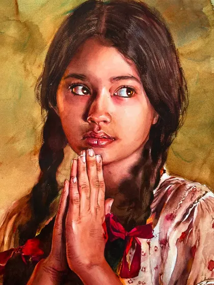 This portrait of a young girl in prayer is used to advertise my complete watercolor course. It demonstrates the ability to capture not just a likeness, but also a sense of emotion and devotion.