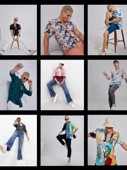 A grid collage showcasing the variety of looks I styled for the Snitch summer collection. This format is perfect for a portfolio, showing a wide range of shirts, pants, and accessories in one view.