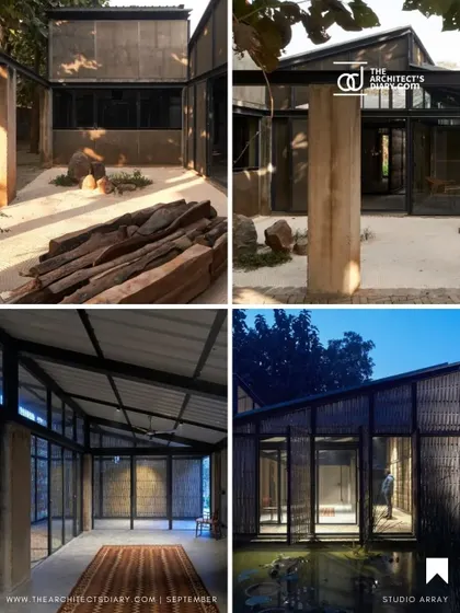 A collage showing four different views of the Artist Residency. It captures the project's essence, from the sunlit interior courtyard and the glowing night exterior to the transparent studio space and the textured bamboo facade.