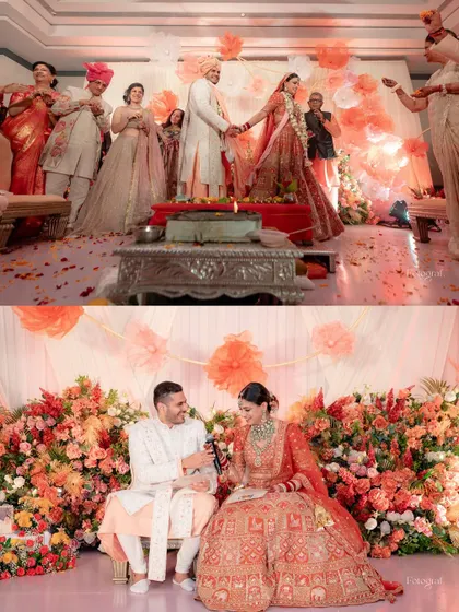 A collage showing two key parts of the ceremony: the couple taking their pheras around the sacred fire and a playful moment afterwards.