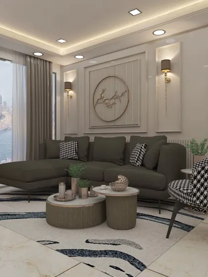 In this project, I used a mix of textures and patterns, like the houndstooth accent chair and abstract rug, to add visual interest. The wall paneling and sconce lights provide a classic, elegant backdrop.
