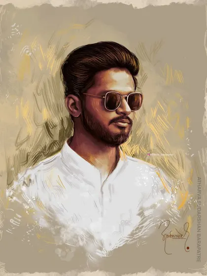 The full view of the birthday portrait for my friend. The composition combines a detailed subject with an abstract, textured background, making the final piece feel like a classic painting.