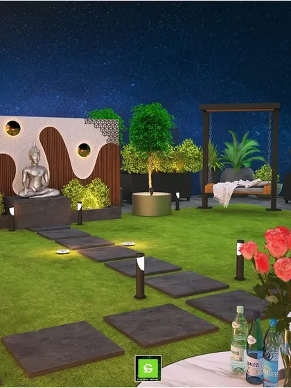 A serene 3D terrace design for a client in Gurugram, featuring a Buddha statue, a garden swing, and a pathway across a lawn, all under a starry sky.