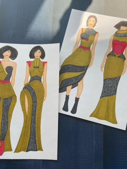 Fashion illustrations showing elegant gowns with color blocking and contrasting textures.