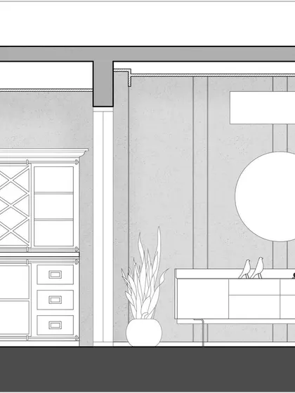 This architectural illustration shows the intricate design elements of a formal living area, including custom cabinetry and furniture placement. It's a critical tool for communicating our design intent.