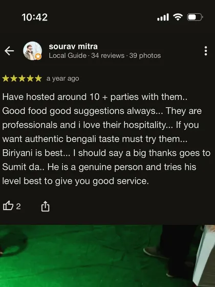We value long-term relationships with our clients. This review from Sourav Mitra, who has hosted many parties with us, speaks to our consistency in delivering good food and professional service every time.