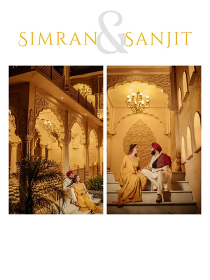 A diptych showcasing the grandeur of the location. The couple is seen on the stairs and in the courtyard of a haveli-style set, creating a story of majestic romance.