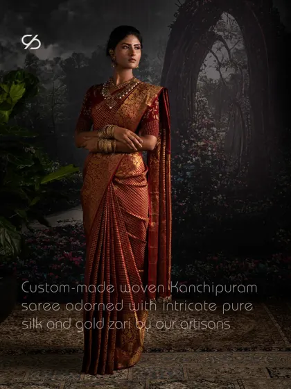 A custom-made woven Kanchipuram saree, adorned with intricate pure silk and gold zari by my artisans, creates a look of regal allure for any bride.