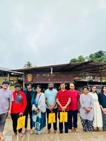 A group photo at the Sigandur temple, a spiritual stop on our Kodachadri trek.