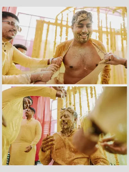 A collage showing the groom's friends playfully tearing his kurta, a common and fun-filled Haldi tradition.