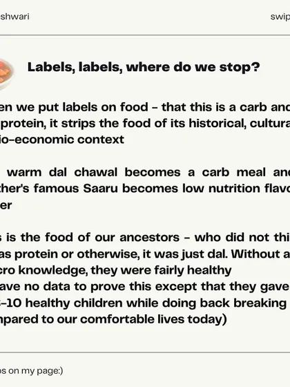 This infographic series tackles the viral claim that "dal is not a protein." I break down the nutritional facts, the importance of cultural context, and why labeling foods as just "carbs" or "protein" strips them of their true value. Ultimately, your digestion and the overall balance of your diet matter more than macronutrient labels.