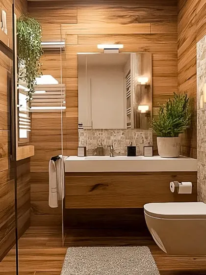 I wrapped this entire bathroom in warm wood-paneling to create a cozy, cabin-like feel. The simple, clean lines of the vanity and mirror keep the small space from feeling cluttered.