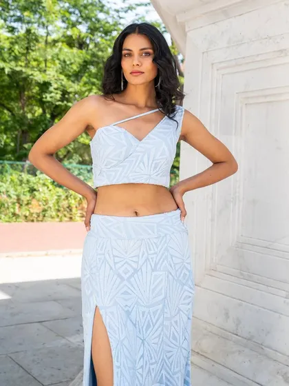 Another view of our light blue Indo-western set. Renting is the smart way to get high-fashion looks.