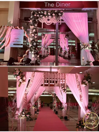 A collage showing the elegant pink-themed entrance and walkway for an indoor reception.
