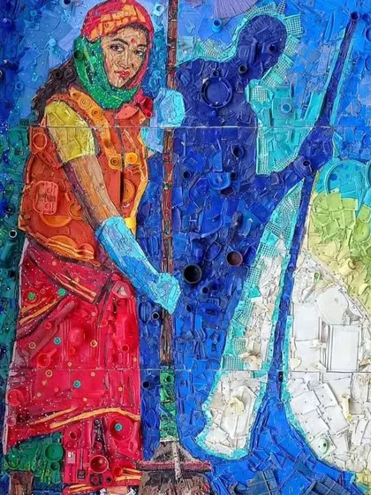 A showcase of the incredible "waste to art" creations by artist Sunil Vyas. These portraits and scenes are made from discarded materials like plastic wrappers and other waste, promoting the message of "Reduce, Reuse, Recycle" through powerful art.