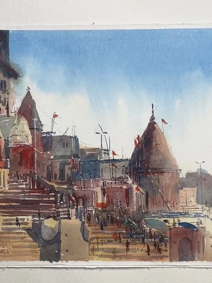 Another watercolour landscape from the ghats of Varanasi. This piece captures the bustling energy of the steps leading down to the river, with many small figures giving a sense of scale and life.