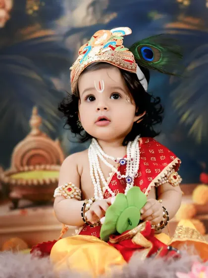 A close-up portrait of a baby dressed as Little Krishna, complete with a peacock feather crown and pearl necklaces. The innocent and curious expression is the highlight of this shot.
